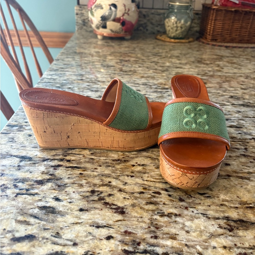 Y2K 2000s Jaci Green Coach Cork Platform Wedge Sandals